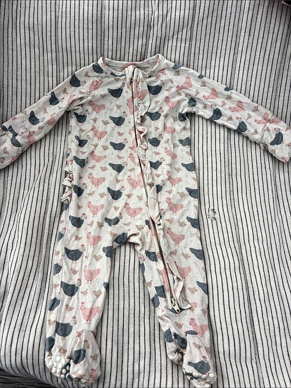 Sweet Bamboo Happy Hens Ruffle Zip Romper Footie Pink & Blue 0-3 Months